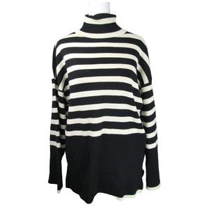 Black & Cream Stripe Sweater M Commense Long Relaxed Sleeve Turtleneck B22-257